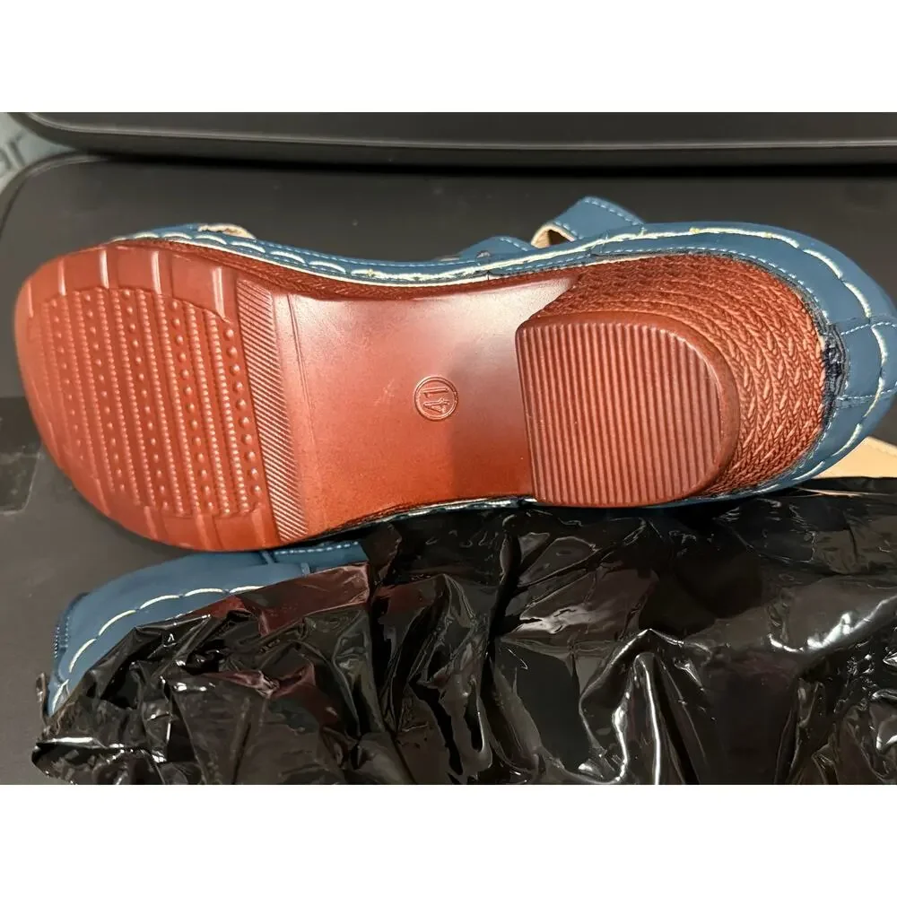 Blue Block Heel Cut Out Sandals With Back Zip & Buckle Faux Leather Size 10 New